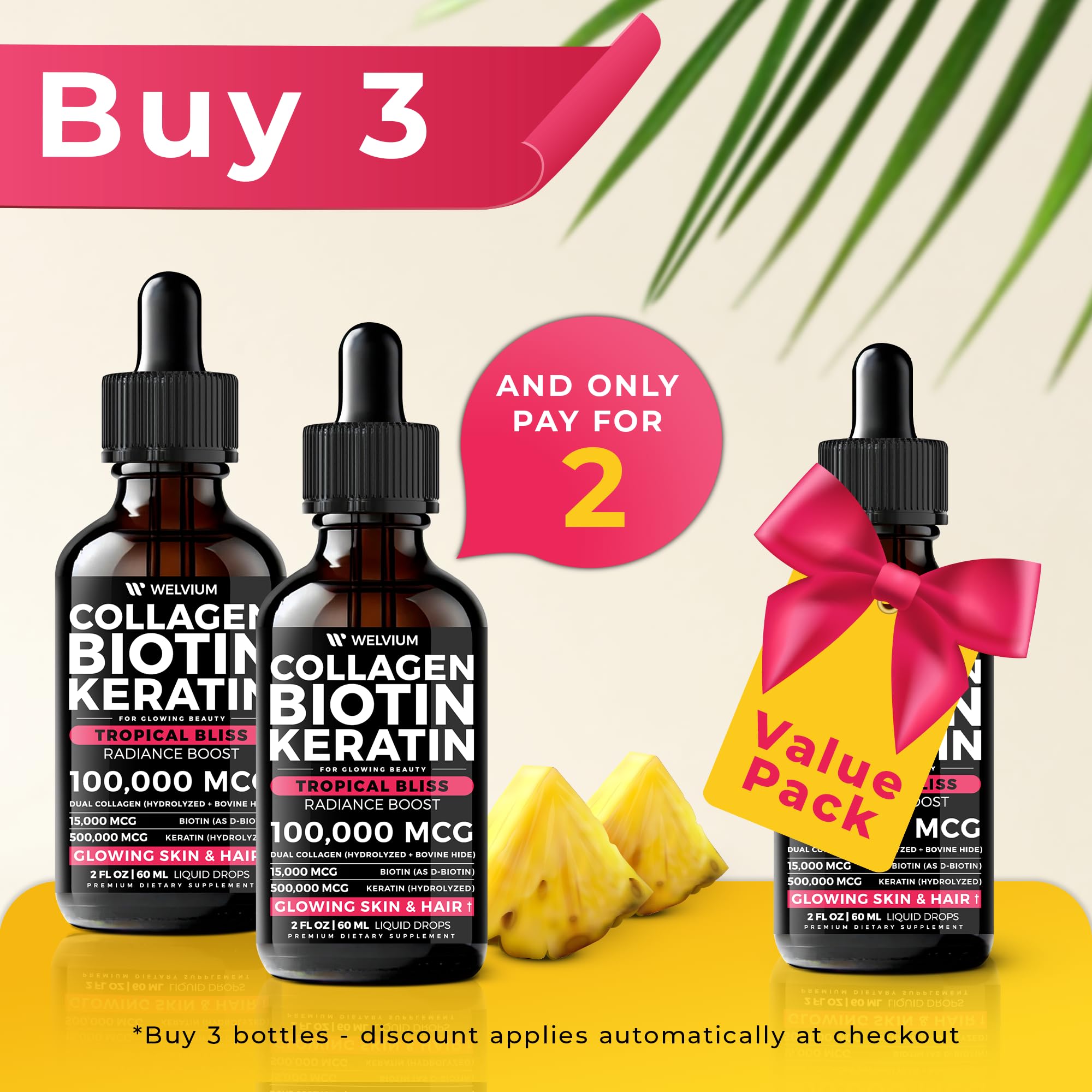 WELVIUM Liquid Biotin + Collagen Complex with Keratin, Hyaluronic Acid, Zinc & Vitamins for Hair Growth, Skin & Stronger Nails
