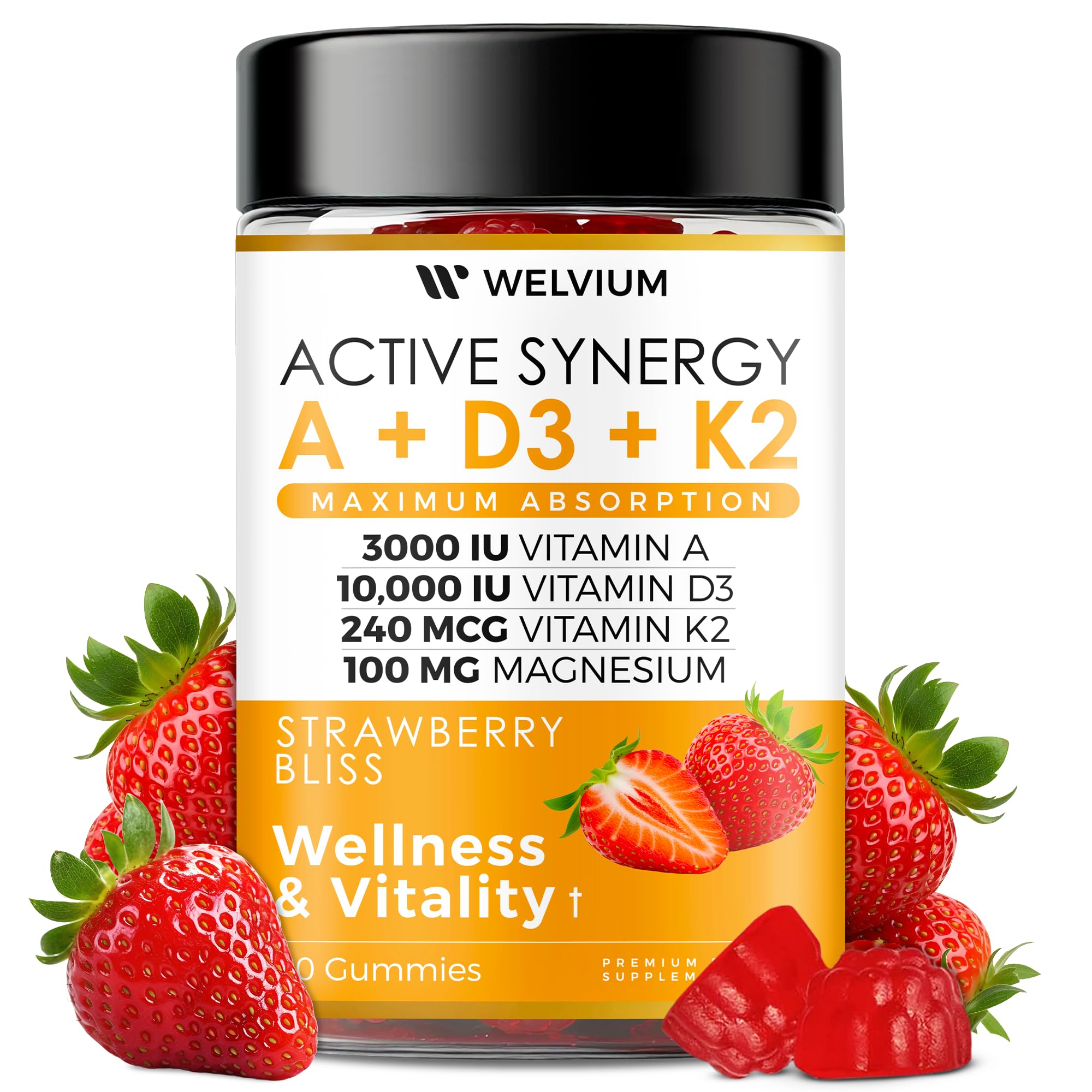 WELVIUM Vitamin D3 K2 Gummies 10000 IU with Magnesium Glycinate, Calcium, B12, K2 MK-7, Vitamins A, E