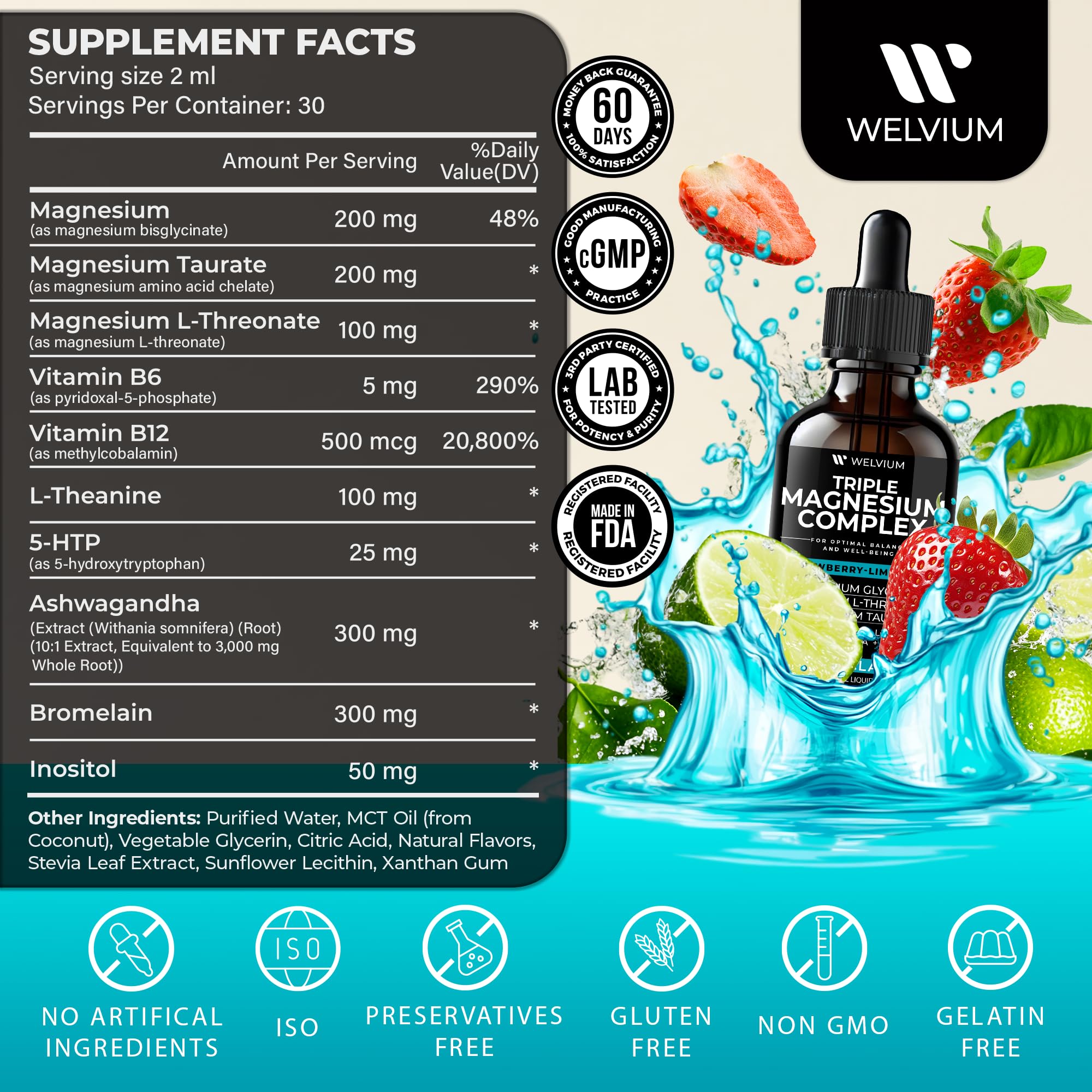 WELVIUM Triple Magnesium Liquid – Glycinate, Taurate & L-Threonate with Ashwagandha, 5-HTP, B6 & B12 for Calm, Sleep & Muscle Support