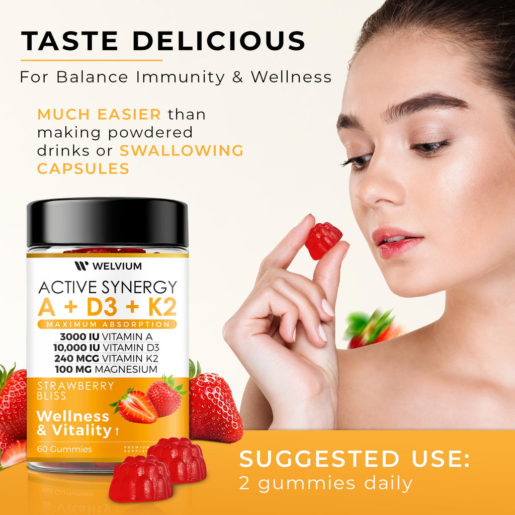 WELVIUM Vitamin D3 K2 Gummies 10000 IU with Magnesium Glycinate, Calcium, B12, K2 MK-7, Vitamins A, E