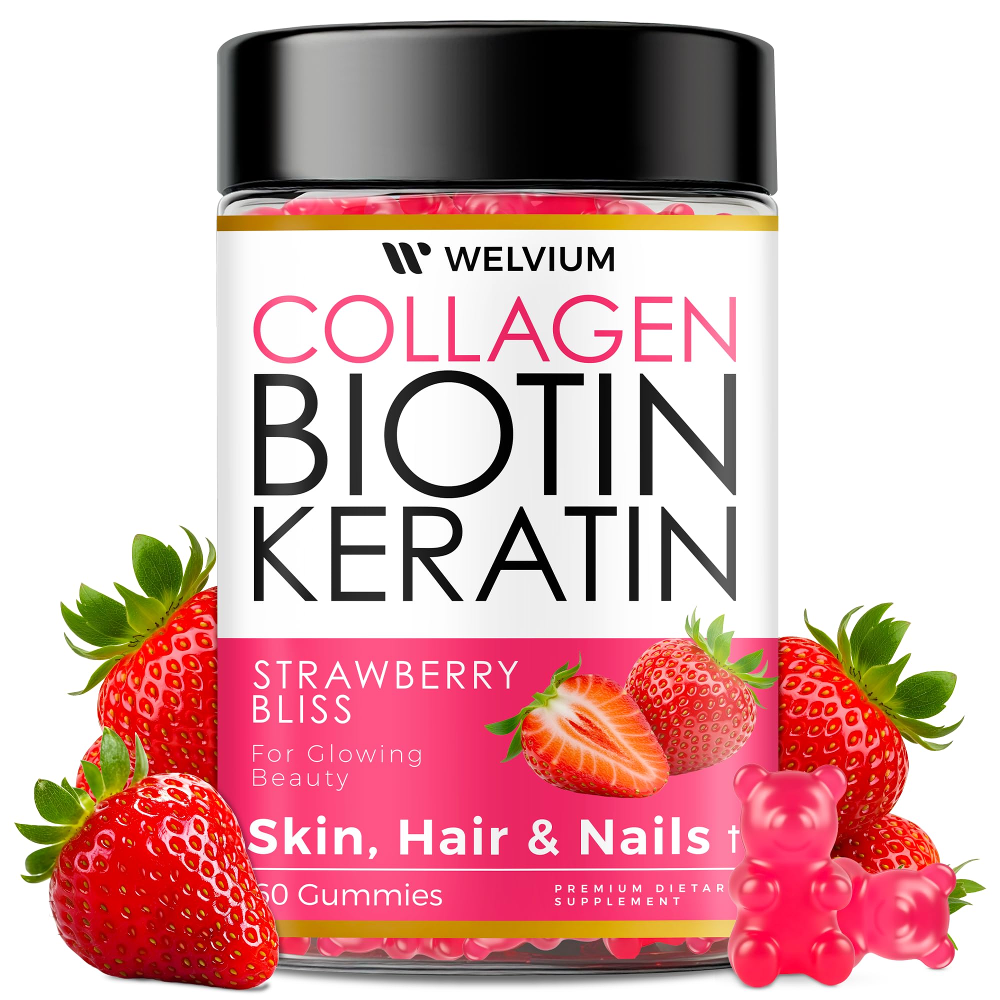 WELVIUM Biotin + Collagen Gummies with Keratin, Hyaluronic Acid, Zinc & Vitamins for Hair Growth, Skin Health & Stronger Nails