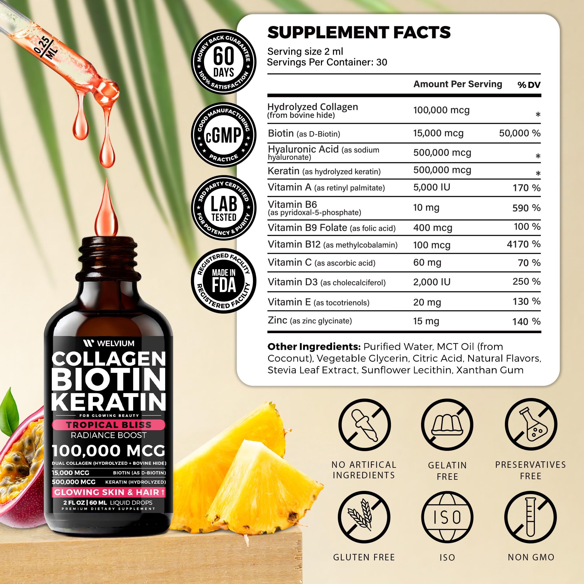 WELVIUM Liquid Biotin + Collagen Complex with Keratin, Hyaluronic Acid, Zinc & Vitamins for Hair Growth, Skin & Stronger Nails