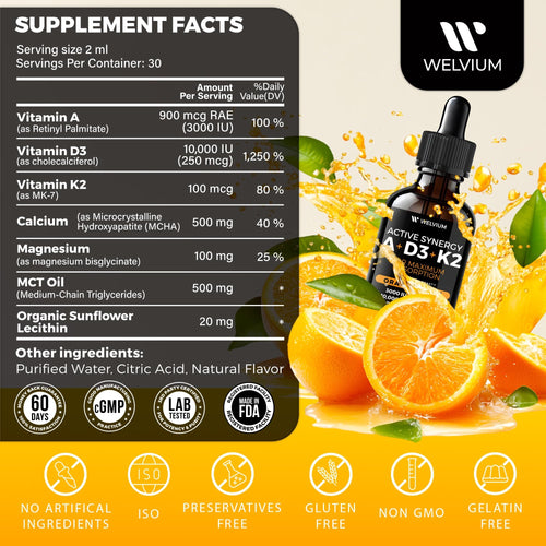WELVIUM Liquid Vitamin D3 K2 Magnesium Drops – 10,000 IU with MK7, Vitamin A, Calcium & MCT Oil for Bone, Heart, Immune & Skin Support