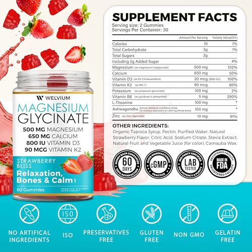 WELVIUM Magnesium Glycinate Gummies – 500mg with L-Theanine & Ashwagandha for Sleep, Calm, Muscle, Immune & Bone Support