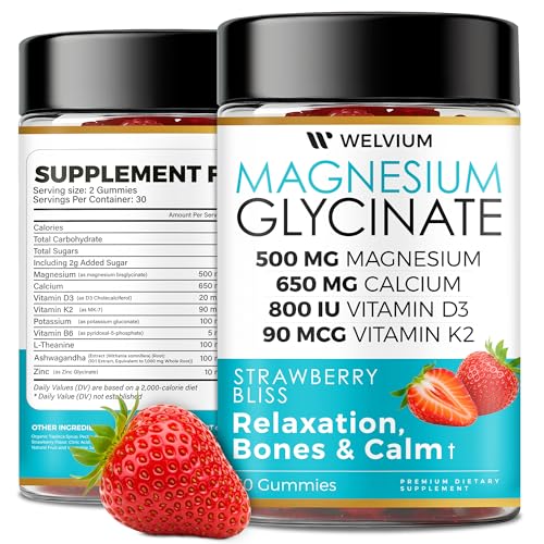 WELVIUM Magnesium Glycinate Gummies – 500mg with L-Theanine & Ashwagandha for Sleep, Calm, Muscle, Immune & Bone Support