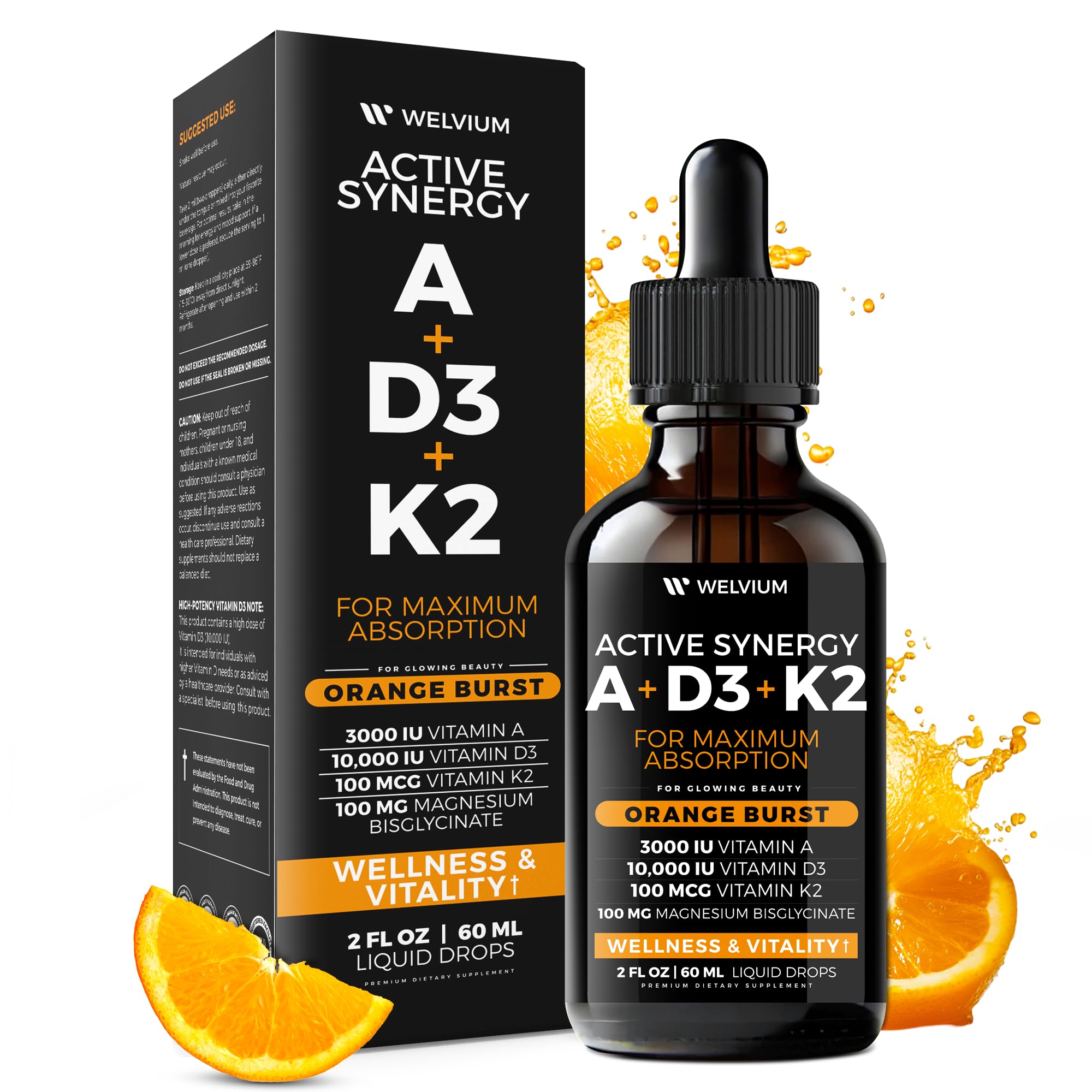 WELVIUM Liquid Vitamin D3 K2 Magnesium Drops – 10,000 IU with MK7, Vitamin A, Calcium & MCT Oil for Bone, Heart, Immune & Skin Support