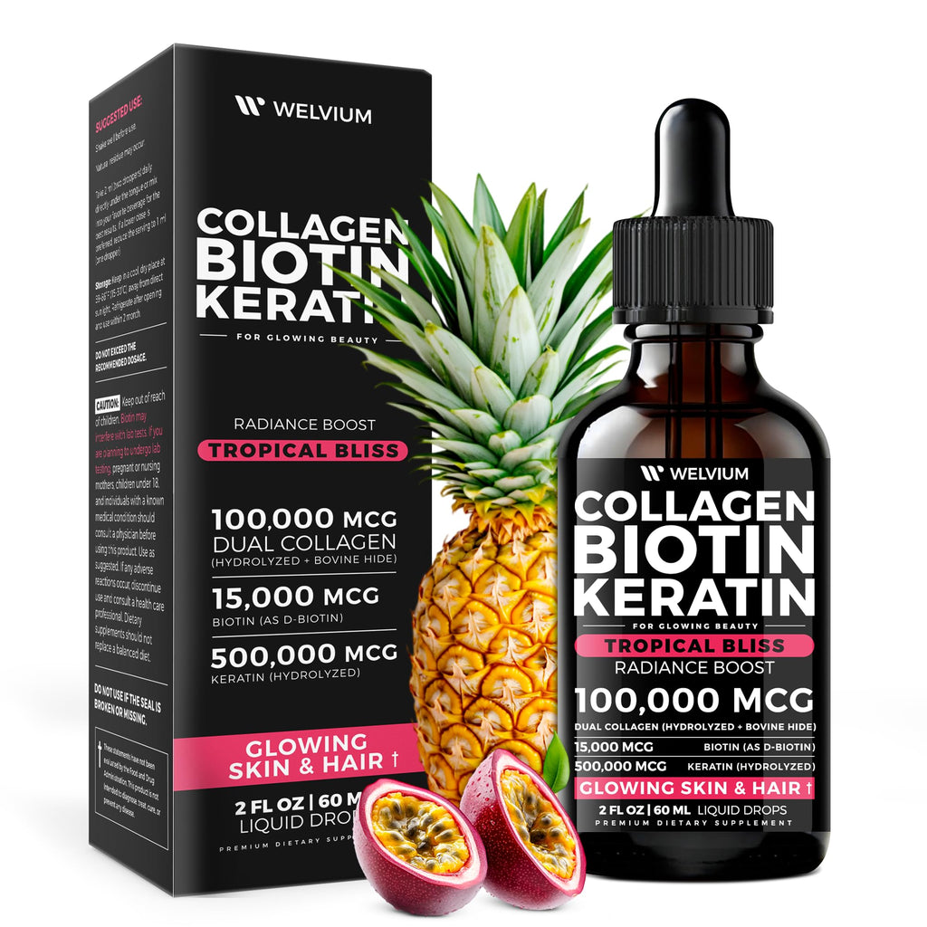 WELVIUM Liquid Biotin + Collagen Complex with Keratin, Hyaluronic Acid, Zinc & Vitamins for Hair Growth, Skin & Stronger Nails