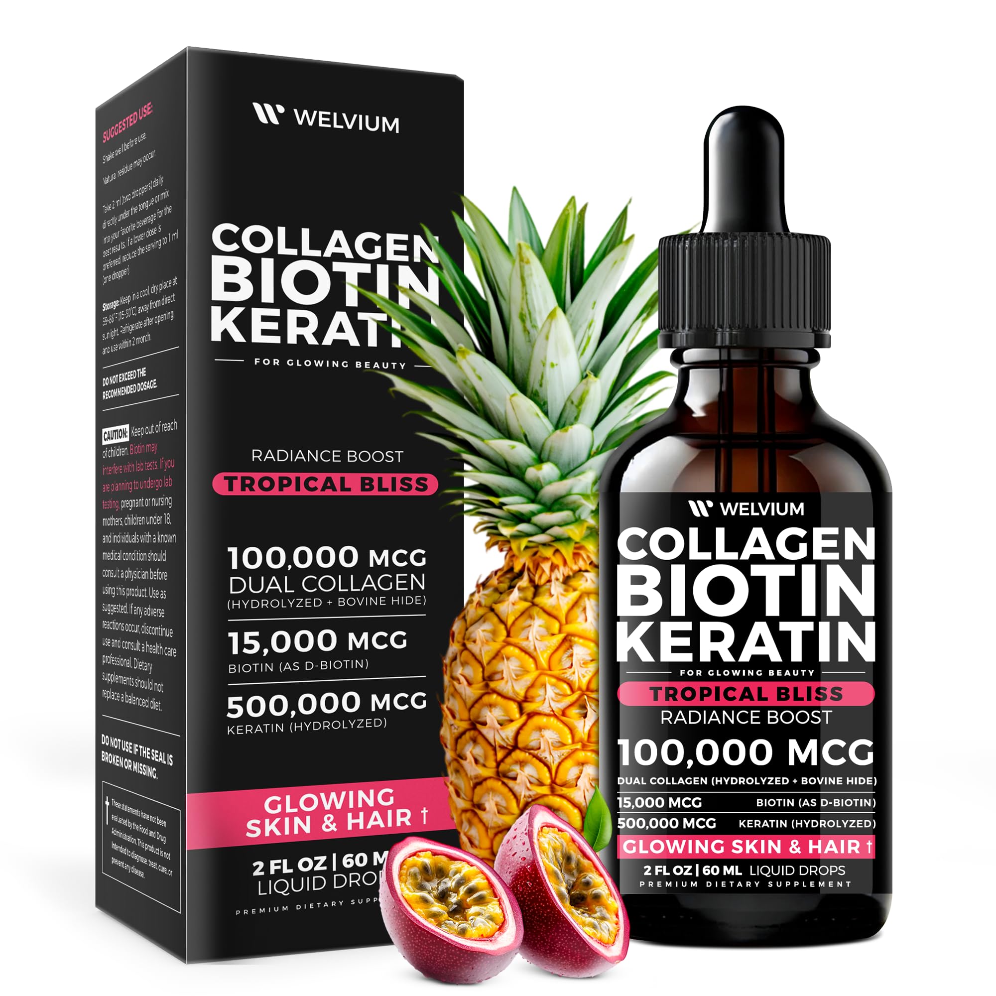 WELVIUM Liquid Biotin + Collagen Complex with Keratin, Hyaluronic Acid, Zinc & Vitamins for Hair Growth, Skin & Stronger Nails