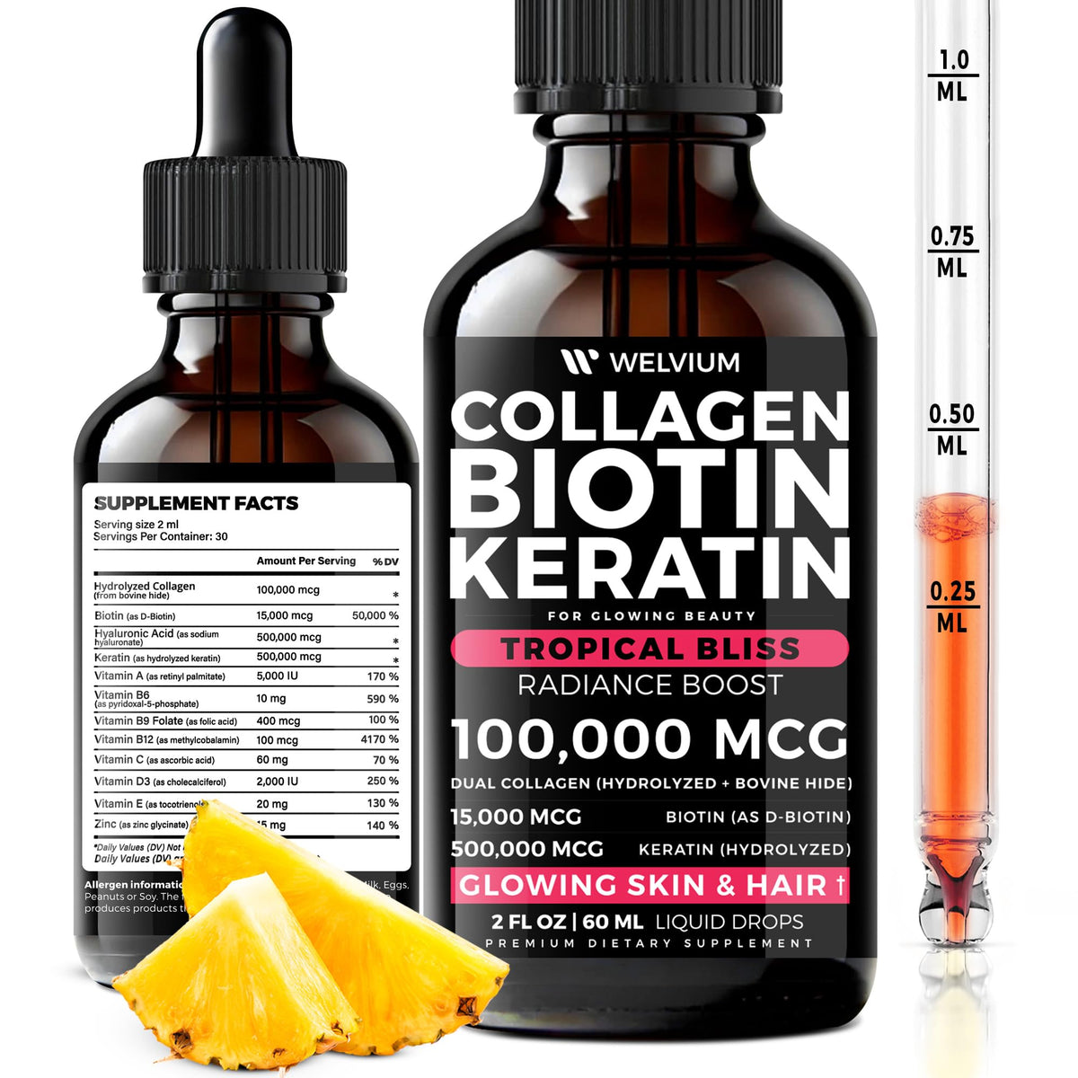 WELVIUM Liquid Biotin + Collagen Complex with Keratin, Hyaluronic Acid, Zinc & Vitamins for Hair Growth, Skin & Stronger Nails