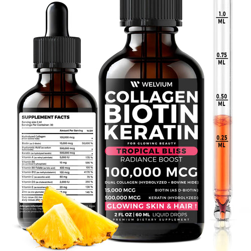 WELVIUM Liquid Biotin + Collagen Complex with Keratin, Hyaluronic Acid, Zinc & Vitamins for Hair Growth, Skin & Stronger Nails