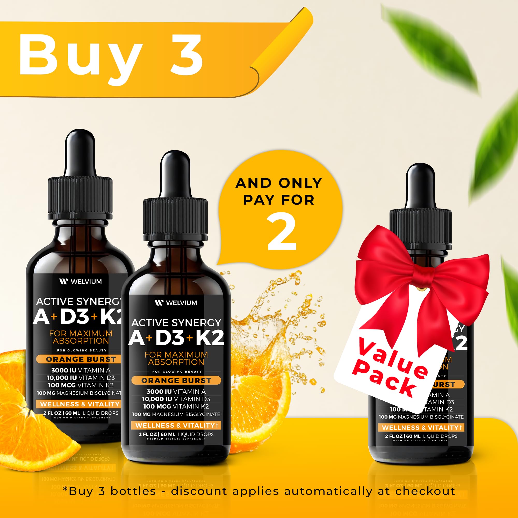 WELVIUM Liquid Vitamin D3 K2 Magnesium Drops – 10,000 IU with MK7, Vitamin A, Calcium & MCT Oil for Bone, Heart, Immune & Skin Support