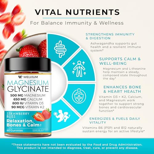 WELVIUM Magnesium Glycinate Gummies – 500mg with L-Theanine & Ashwagandha for Sleep, Calm, Muscle, Immune & Bone Support