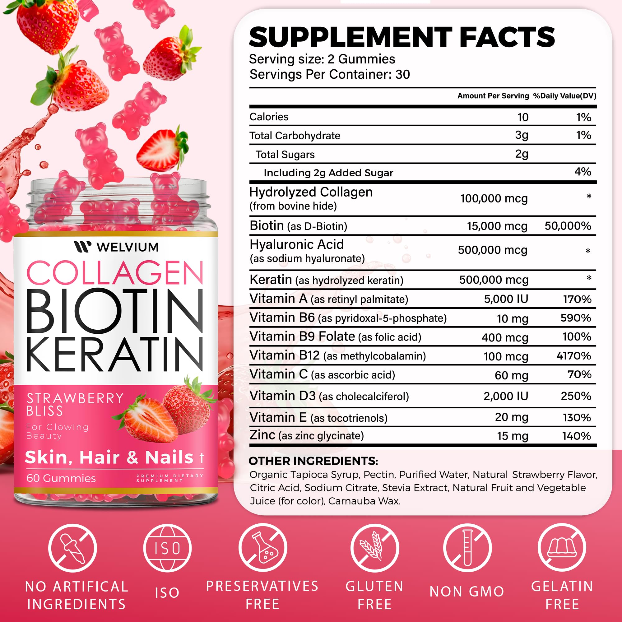 WELVIUM Biotin + Collagen Gummies with Keratin, Hyaluronic Acid, Zinc & Vitamins for Hair Growth, Skin Health & Stronger Nails