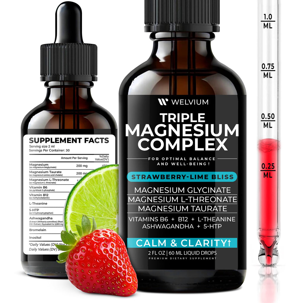 WELVIUM Triple Magnesium Liquid – Glycinate, Taurate & L-Threonate with Ashwagandha, 5-HTP, B6 & B12 for Calm, Sleep & Muscle Support