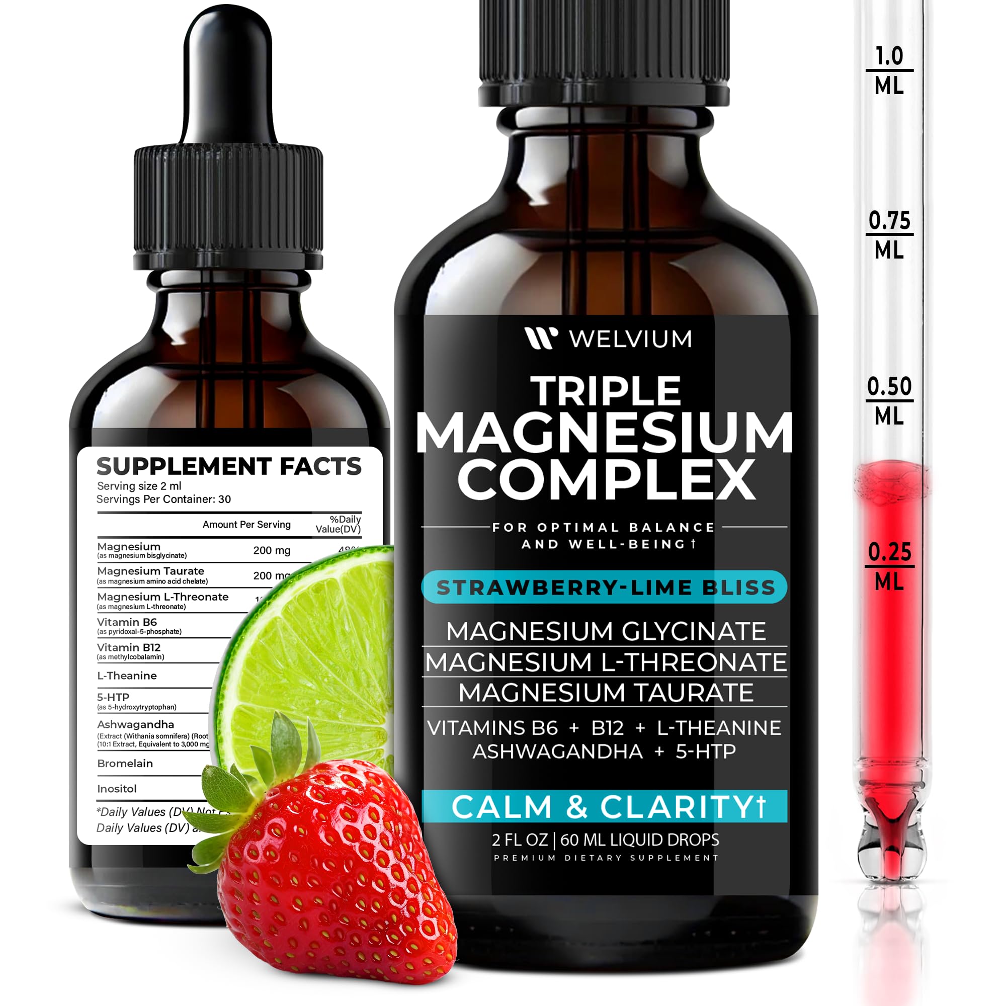 WELVIUM Triple Magnesium Liquid – Glycinate, Taurate & L-Threonate with Ashwagandha, 5-HTP, B6 & B12 for Calm, Sleep & Muscle Support
