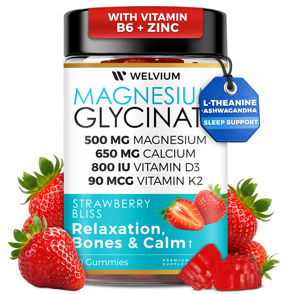 WELVIUM Magnesium Glycinate Gummies – 500mg with L-Theanine & Ashwagandha for Sleep, Calm, Muscle, Immune & Bone Support