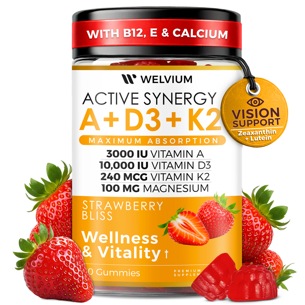 WELVIUM Vitamin D3 K2 Gummies 10000 IU with Magnesium Glycinate, Calcium, B12, K2 MK-7, Vitamins A, E