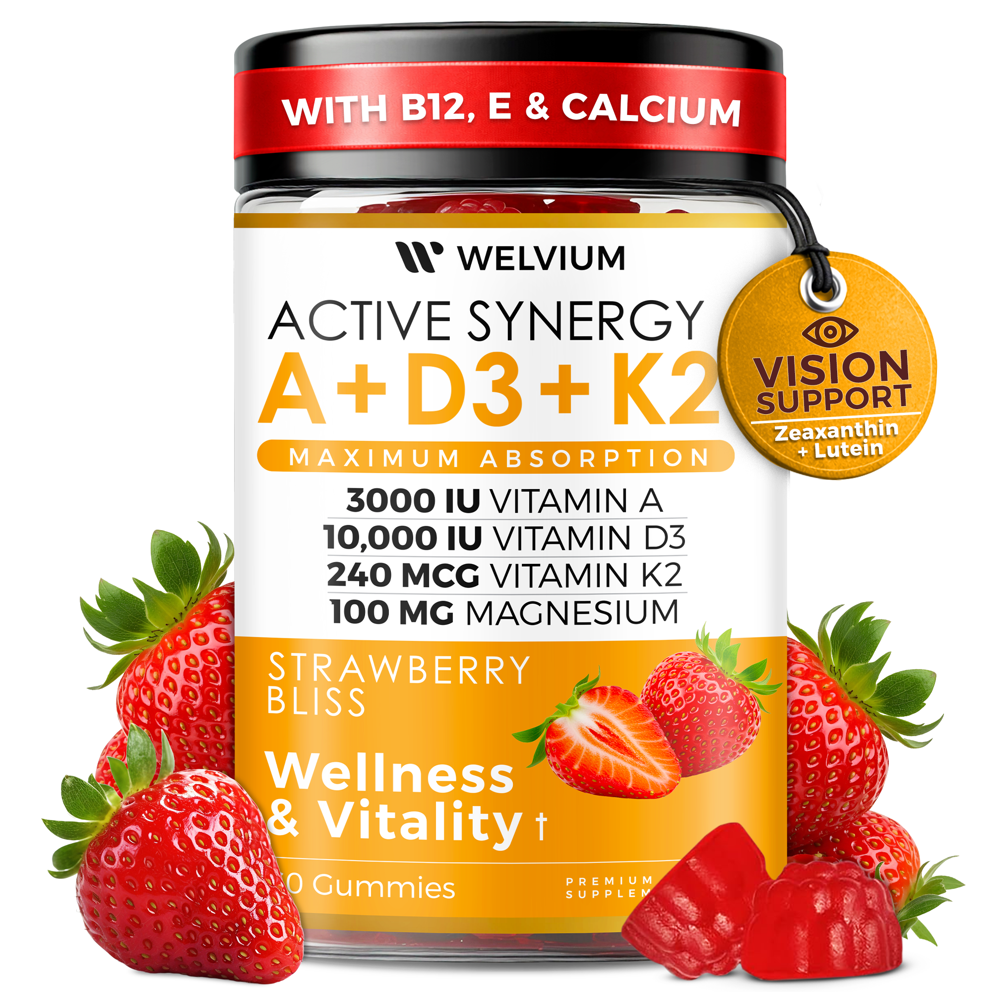 WELVIUM Vitamin D3 K2 Gummies 10000 IU with Magnesium Glycinate, Calcium, B12, K2 MK-7, Vitamins A, E