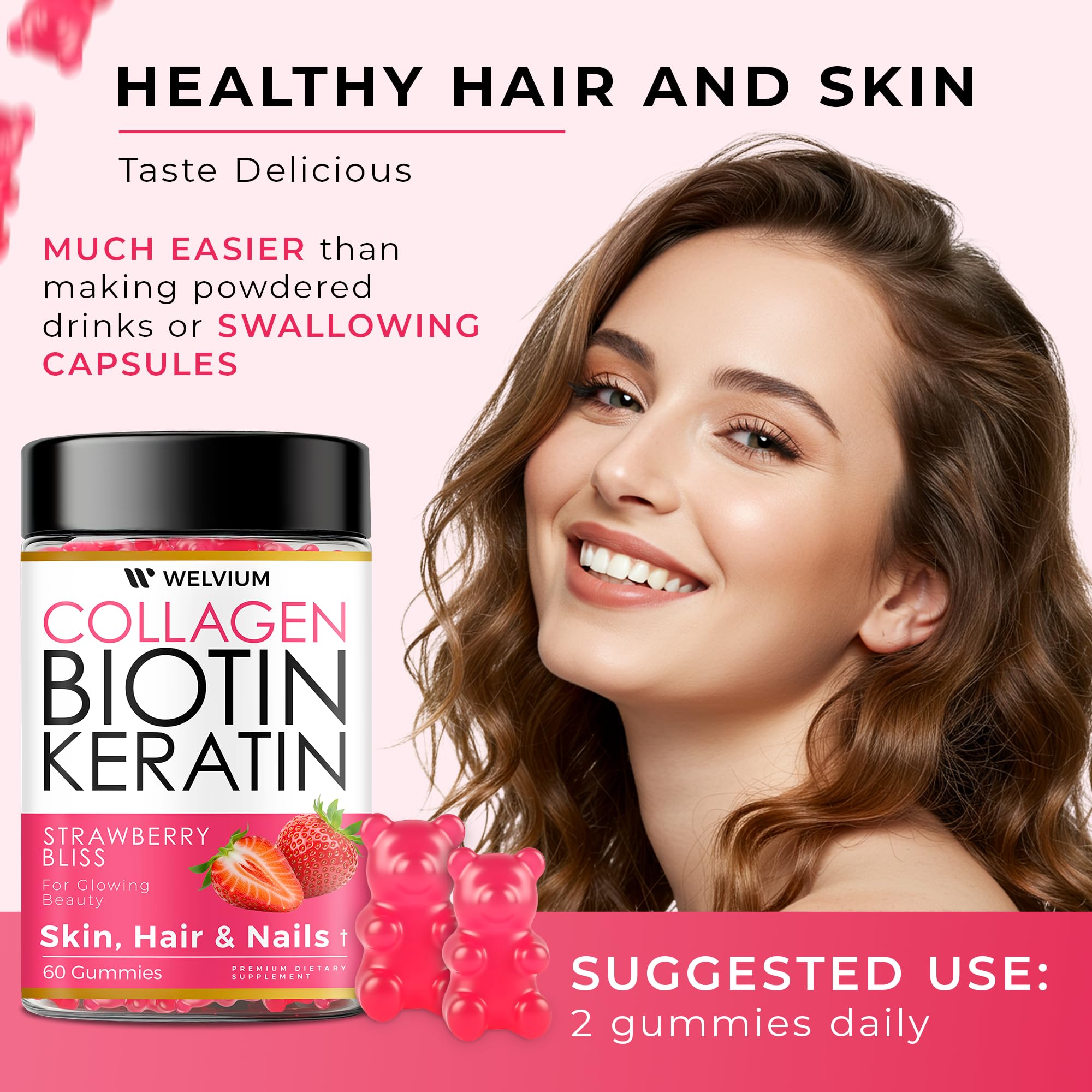 WELVIUM Biotin + Collagen Gummies with Keratin, Hyaluronic Acid, Zinc & Vitamins for Hair Growth, Skin Health & Stronger Nails