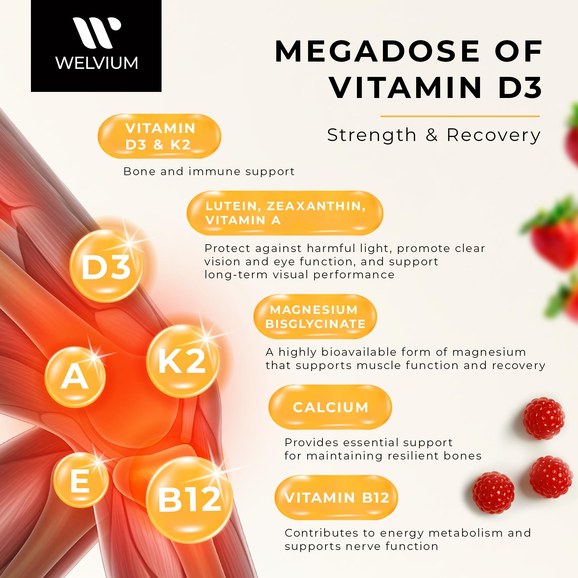 WELVIUM Vitamin D3 K2 Gummies 10000 IU with Magnesium Glycinate, Calcium, B12, K2 MK-7, Vitamins A, E