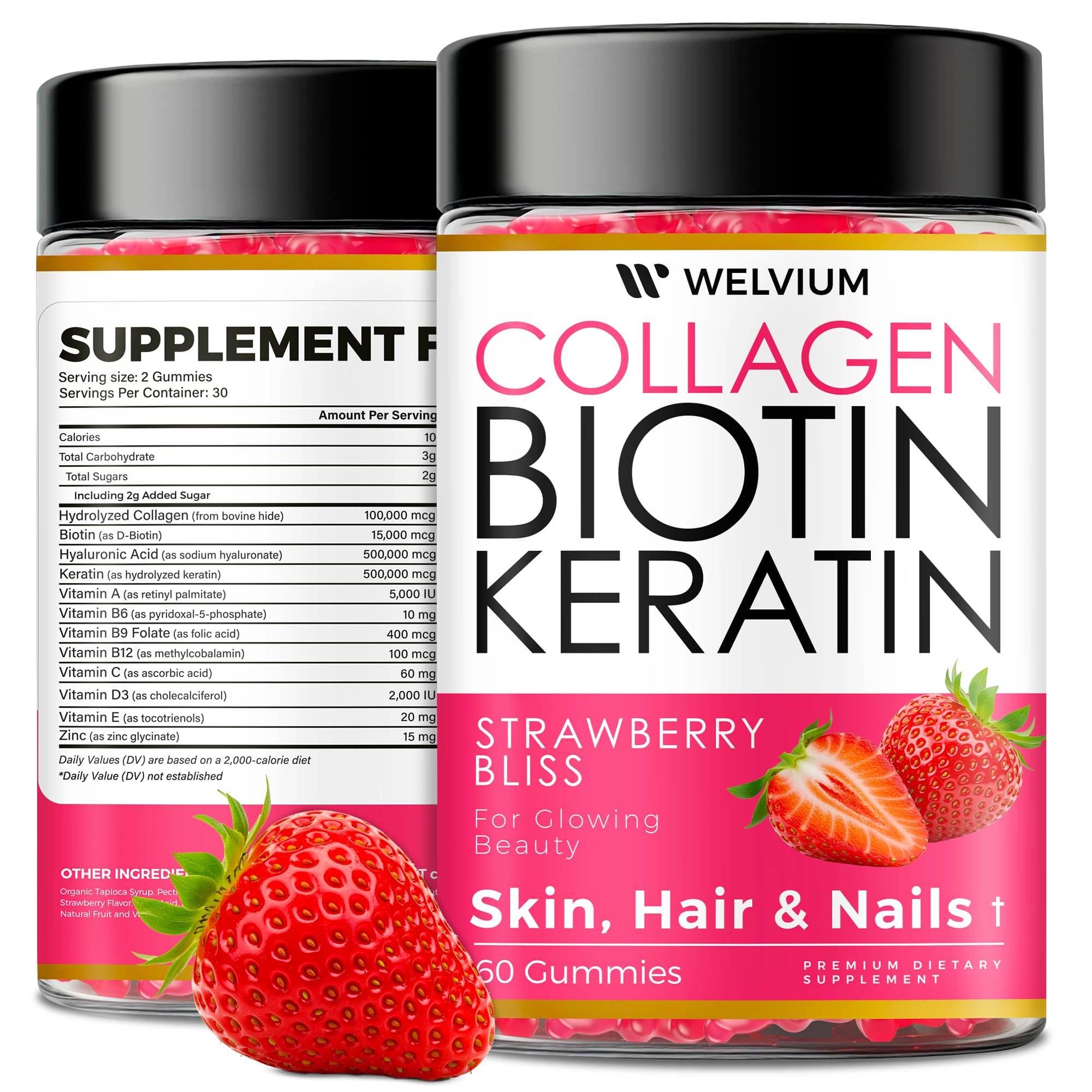 WELVIUM Biotin + Collagen Gummies with Keratin, Hyaluronic Acid, Zinc & Vitamins for Hair Growth, Skin Health & Stronger Nails