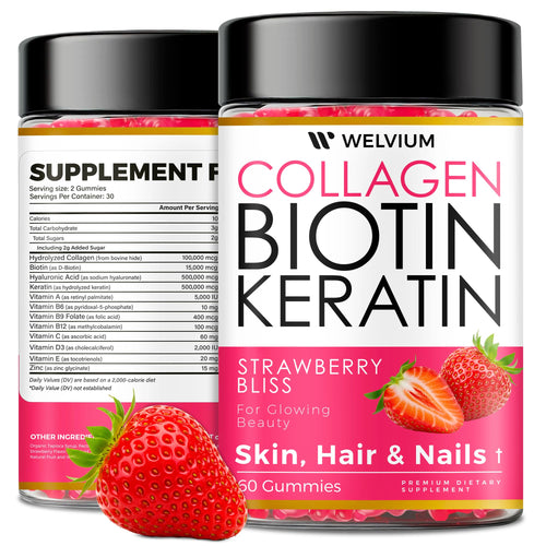 WELVIUM Biotin + Collagen Gummies with Keratin, Hyaluronic Acid, Zinc & Vitamins for Hair Growth, Skin Health & Stronger Nails
