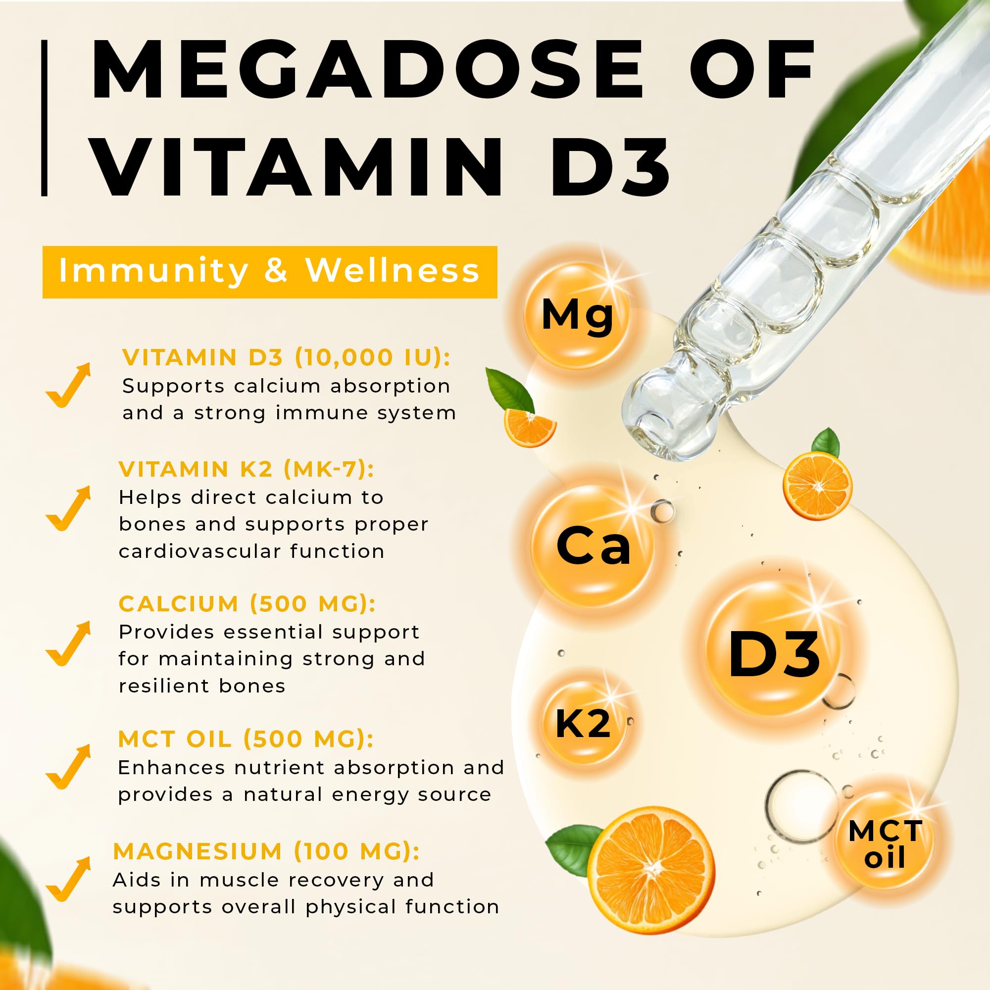 WELVIUM Liquid Vitamin D3 K2 Magnesium Drops – 10,000 IU with MK7, Vitamin A, Calcium & MCT Oil for Bone, Heart, Immune & Skin Support