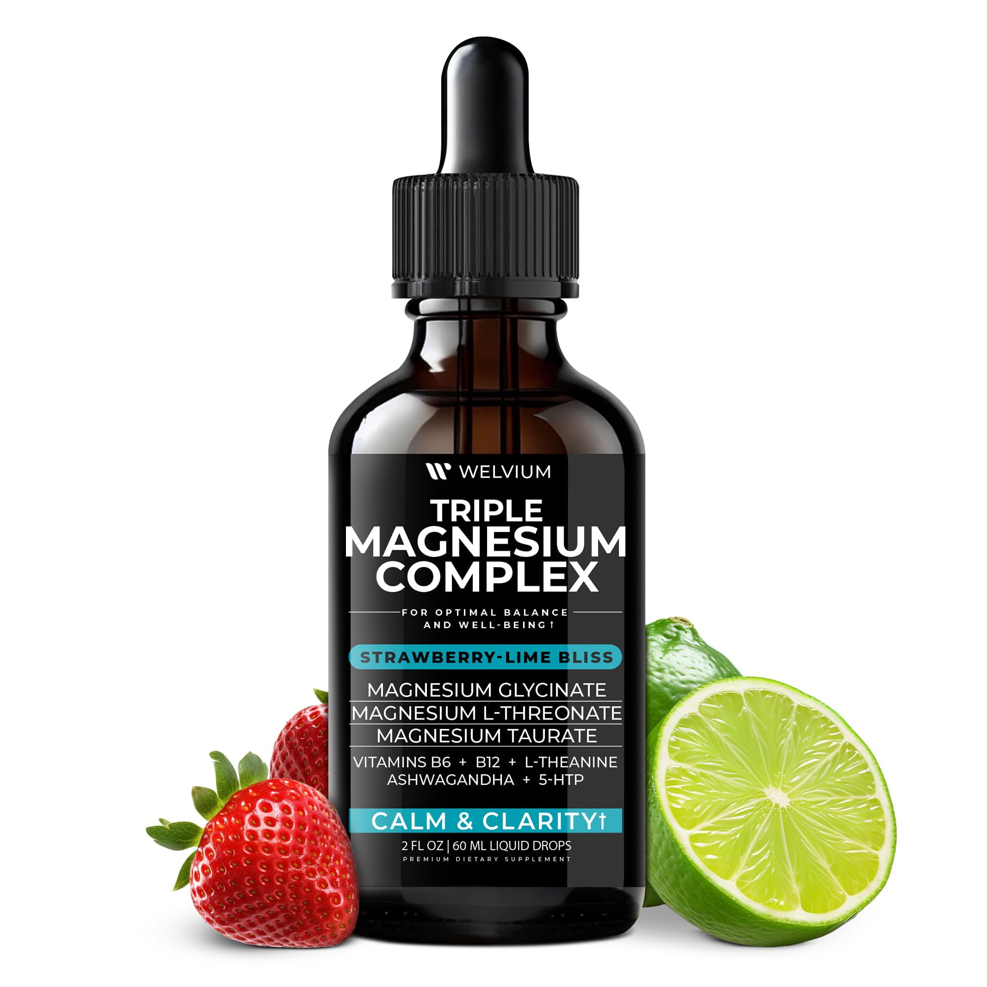 WELVIUM Triple Magnesium Liquid – Glycinate, Taurate & L-Threonate with Ashwagandha, 5-HTP, B6 & B12 for Calm, Sleep & Muscle Support