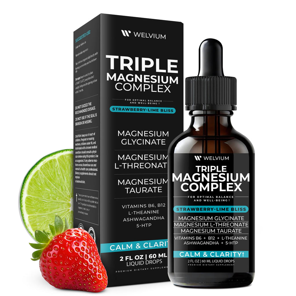 WELVIUM Triple Magnesium Liquid – Glycinate, Taurate & L-Threonate with Ashwagandha, 5-HTP, B6 & B12 for Calm, Sleep & Muscle Support