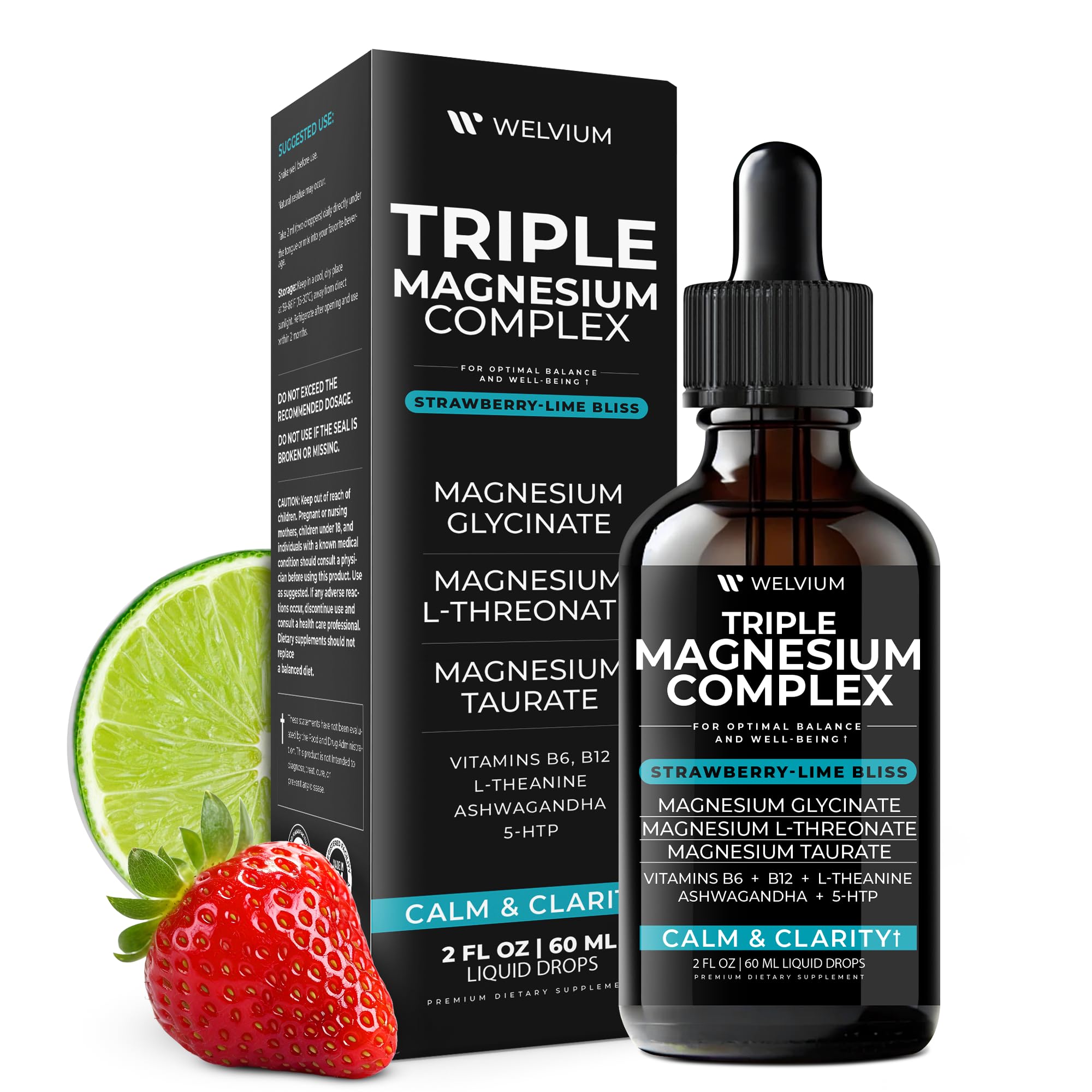 WELVIUM Triple Magnesium Liquid – Glycinate, Taurate & L-Threonate with Ashwagandha, 5-HTP, B6 & B12 for Calm, Sleep & Muscle Support