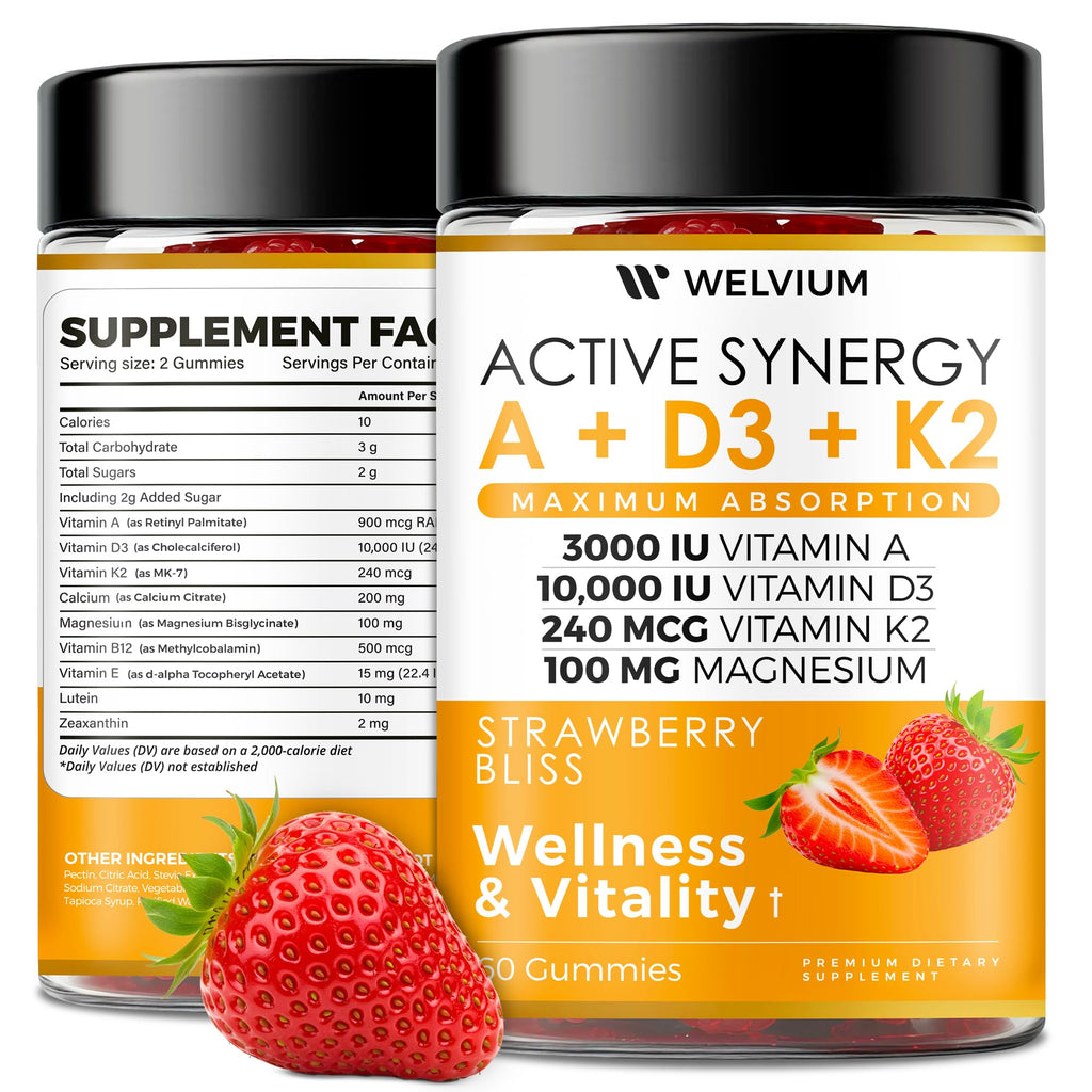 WELVIUM Vitamin D3 K2 Gummies 10000 IU with Magnesium Glycinate, Calcium, B12, K2 MK-7, Vitamins A, E