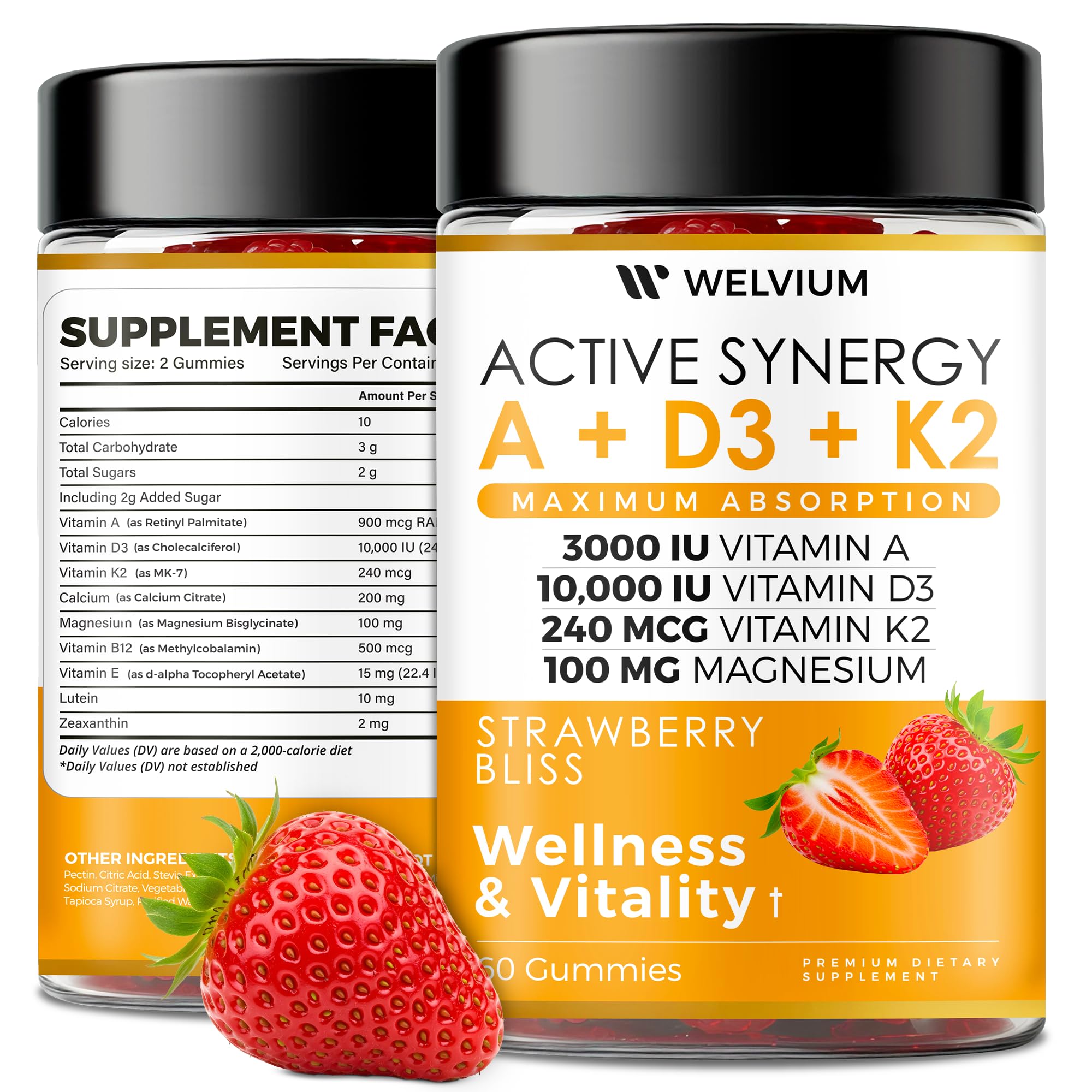 WELVIUM Vitamin D3 K2 Gummies 10000 IU with Magnesium Glycinate, Calcium, B12, K2 MK-7, Vitamins A, E