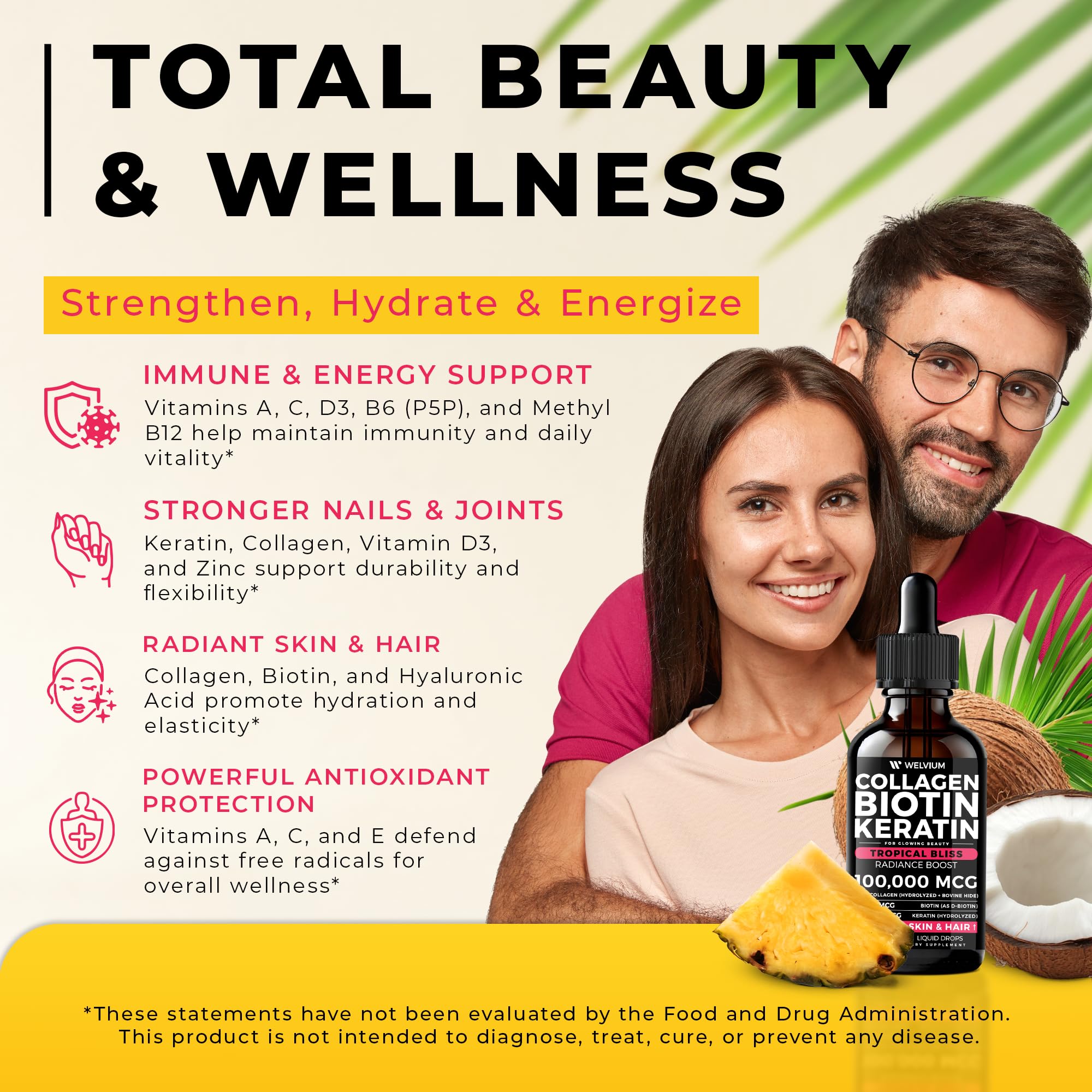 WELVIUM Liquid Biotin + Collagen Complex with Keratin, Hyaluronic Acid, Zinc & Vitamins for Hair Growth, Skin & Stronger Nails