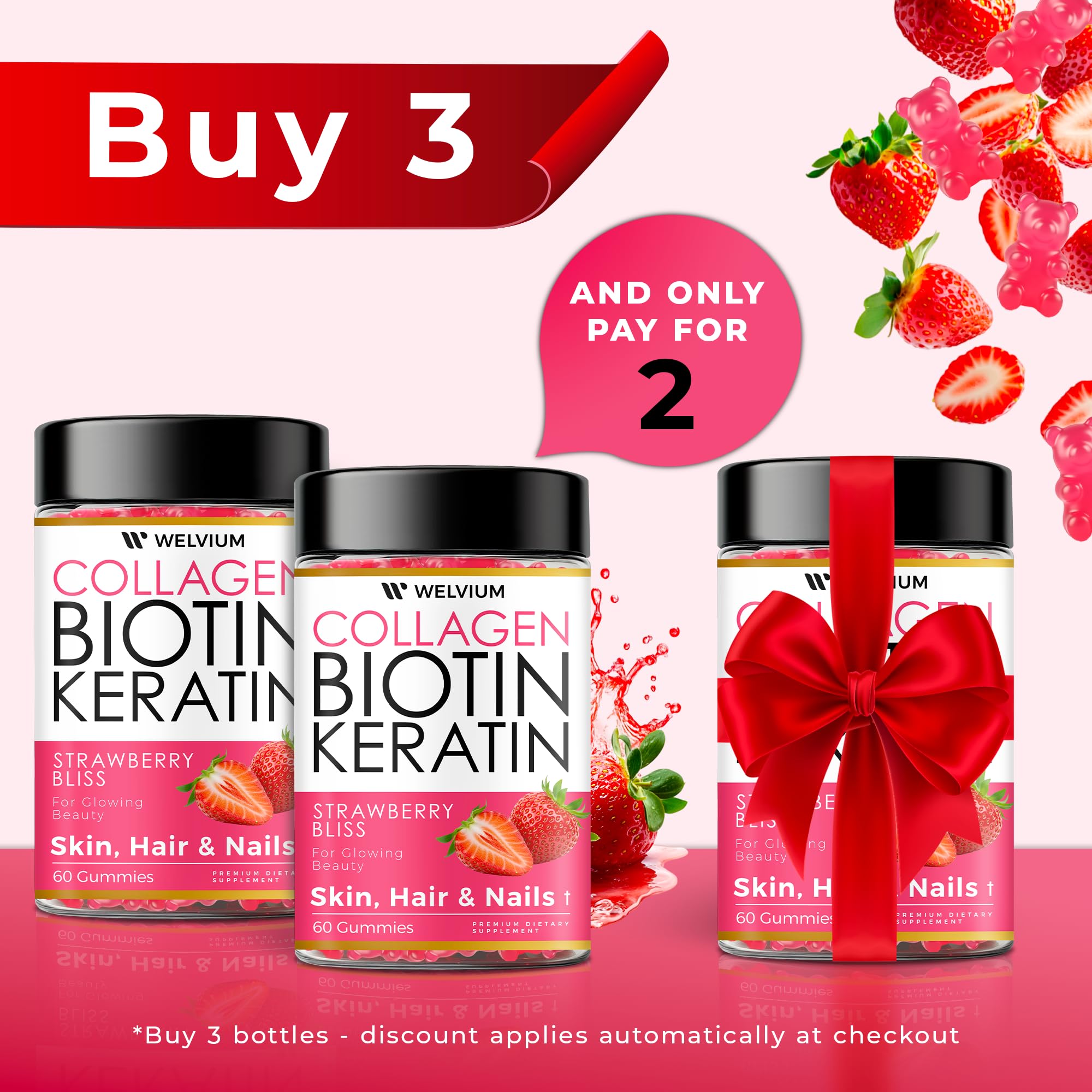 WELVIUM Biotin + Collagen Gummies with Keratin, Hyaluronic Acid, Zinc & Vitamins for Hair Growth, Skin Health & Stronger Nails