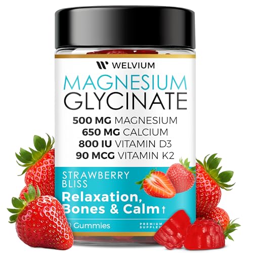 WELVIUM Magnesium Glycinate Gummies – 500mg with L-Theanine & Ashwagandha for Sleep, Calm, Muscle, Immune & Bone Support