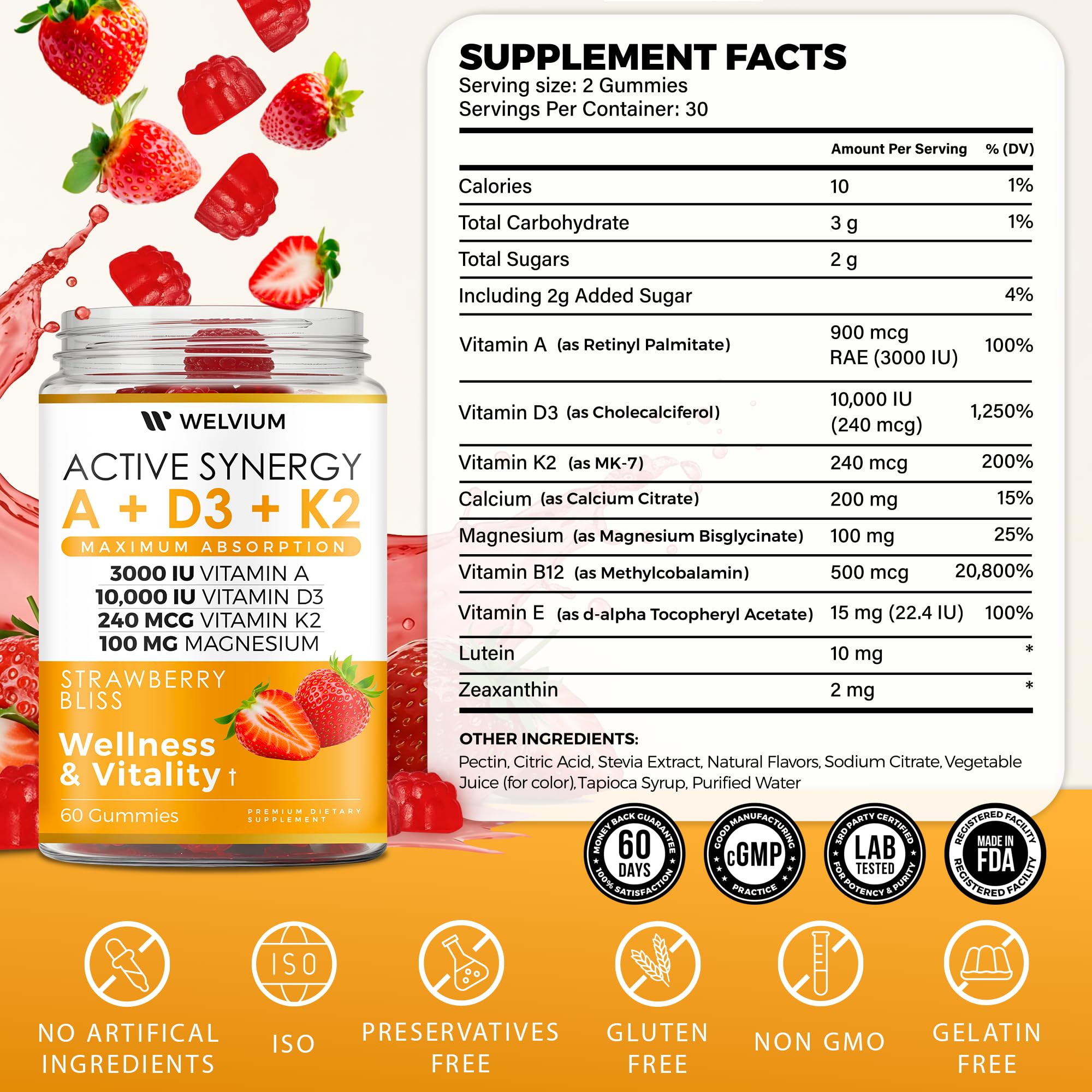 WELVIUM Vitamin D3 K2 Gummies 10000 IU with Magnesium Glycinate, Calcium, B12, K2 MK-7, Vitamins A, E
